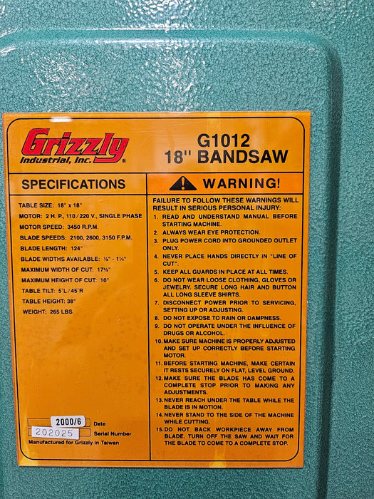 Grizzly 18in Bandsaw