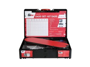 Dado set kit with red dado blade in black case on white background