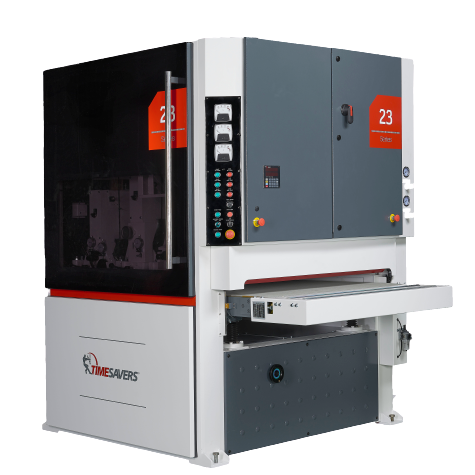 A Timesavers 23 Series industrial sanding machine with multiple heads and controls, primarily in gray, red, and black colors.
